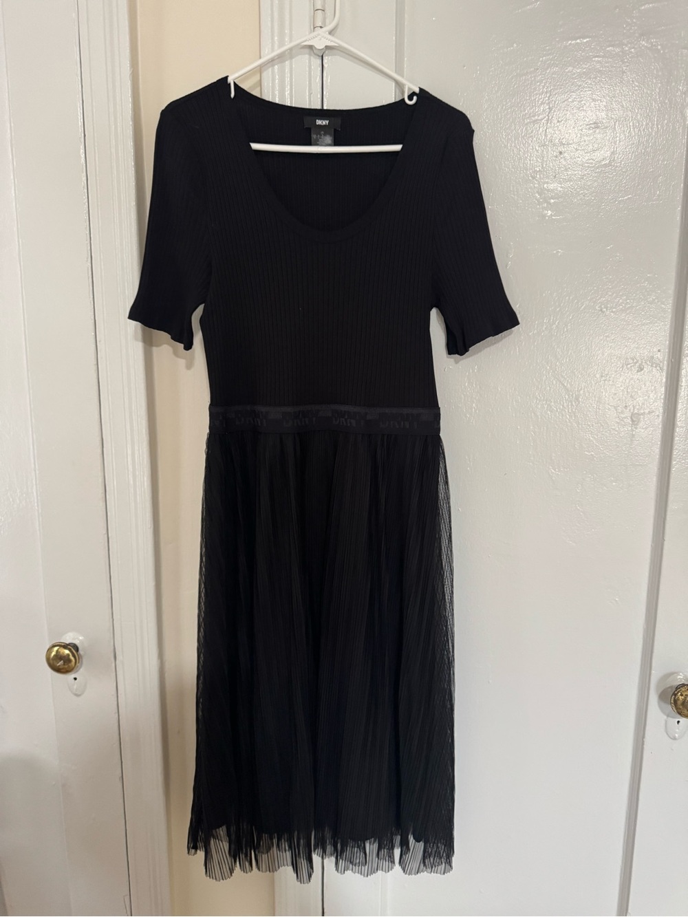 DKNY Black Ribbed Knit Bodice with Tulle Midi Skirt